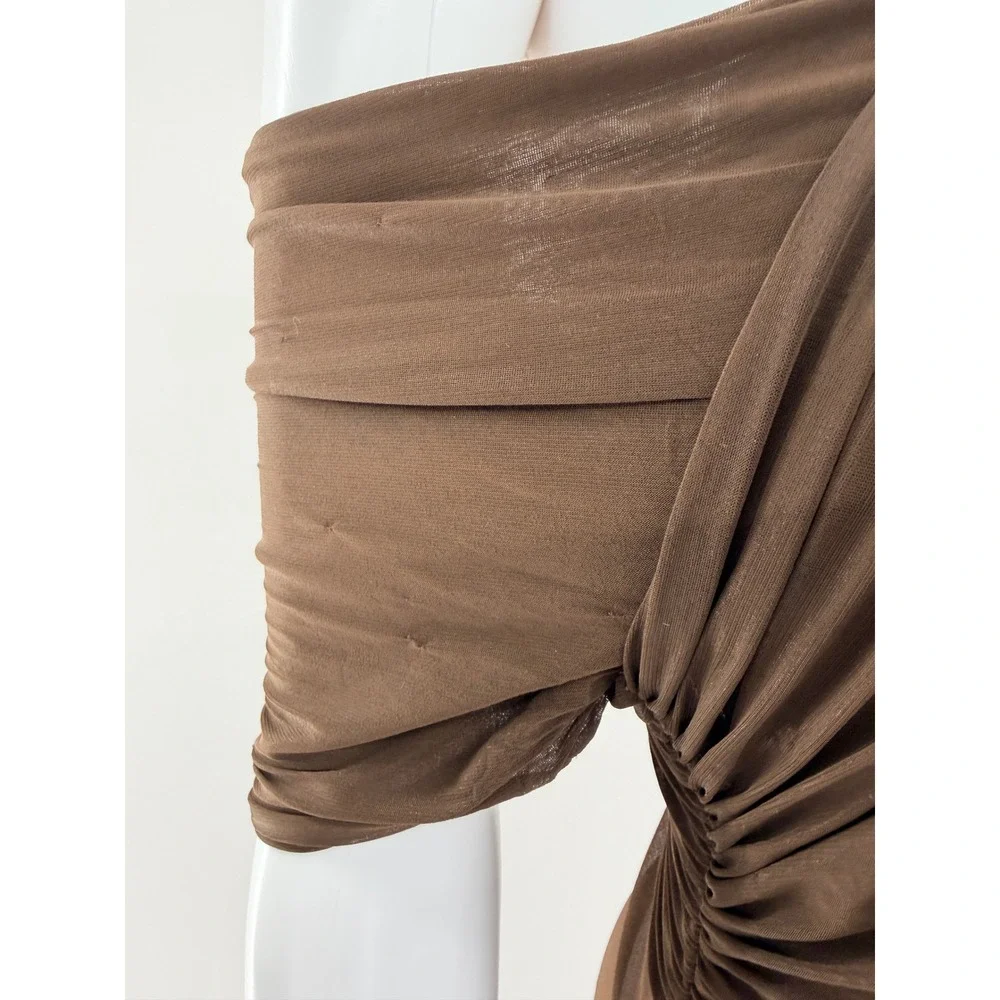 Ronny Kobo Brown One Shoulder Ruched Sheer Draped Mini Dress Size L - Picture 10 of 11